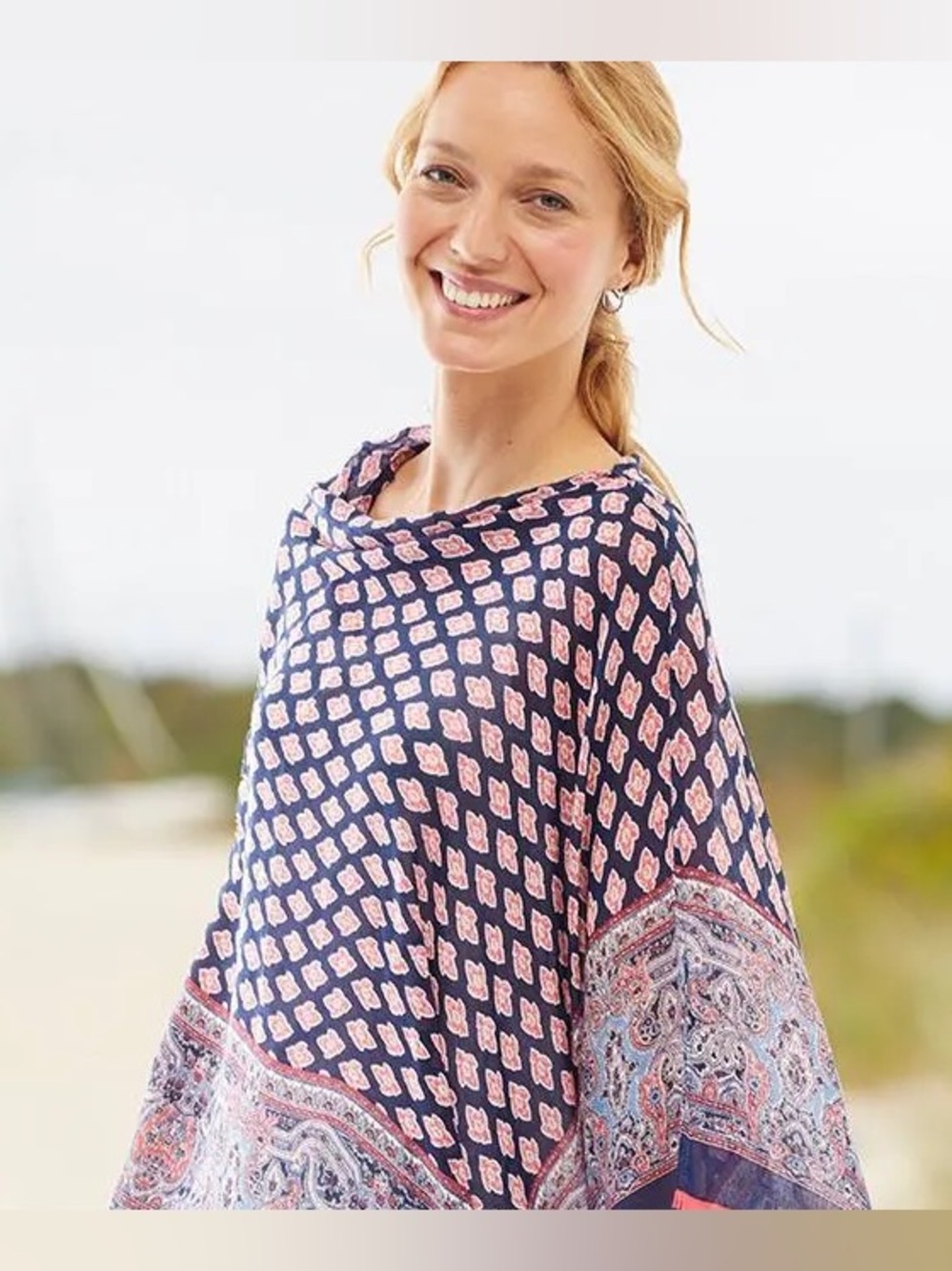 J Jill Pink Blue Floral Asymmetric Poncho One Size Cover Up Lightweight